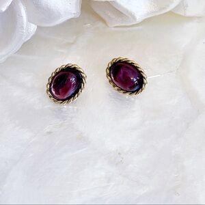 Gold Tone Twist Oval Faux Purple Cabochon Earrings
